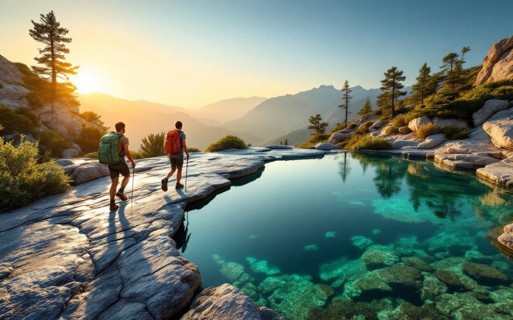 Deux randonneurs marchent sur dalles de granit au-dessus de piscines d'eau émeraude en Corse, baignés d'une lumière dorée de coucher de soleil, reflets dans l'eau, végétation rocheuse et sommets escarpés en arrière-plan.