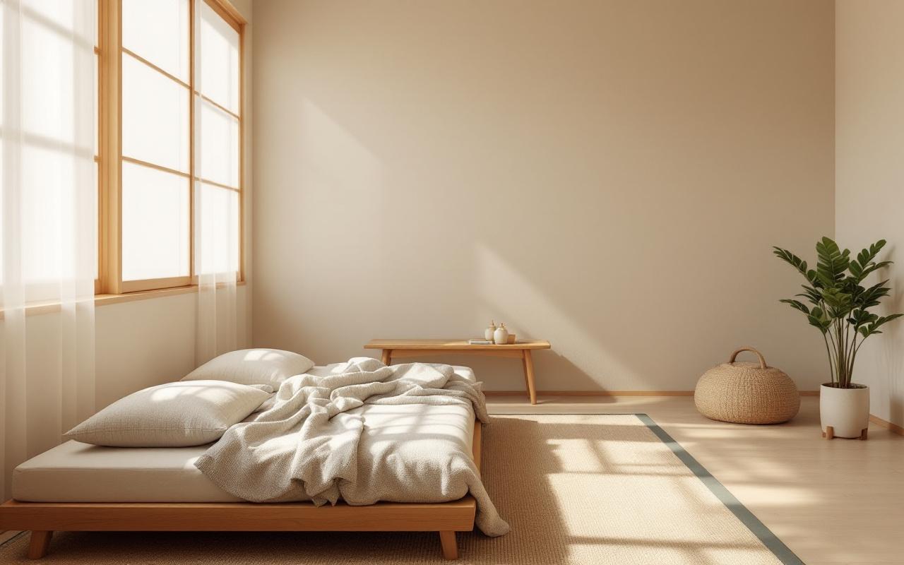 Chambre japonaise calme avec futon posé sur tatami, shoji laissant passer une lumière matinale douce, table basse en bois, plante d'intérieur et textiles neutres dans des tons beiges et bois chaleureux.