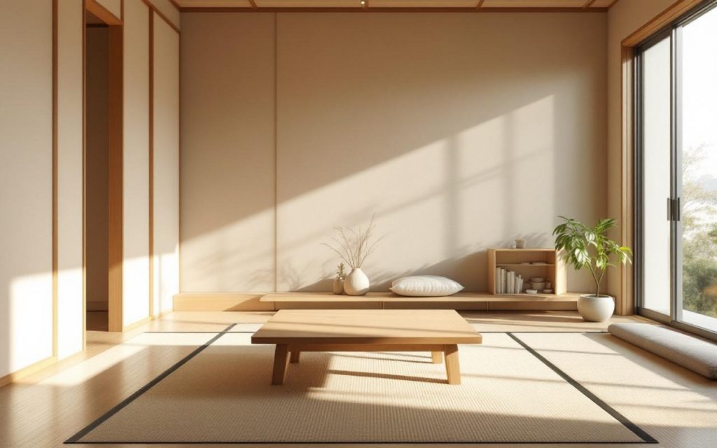 Salon japonais minimaliste avec mobilier bas en bois clair, table basse en cèdre, tatamis et panneaux shōji, lumière douce et volumétrique du matin, tons beiges et bois naturels, ambiance lumineuse et sereine.