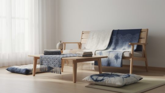 Textiles japonais (lin, coton, motifs traditionnels) pour réchauffer un intérieur minimaliste.