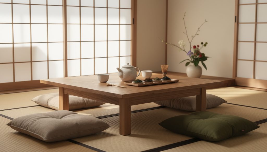 découvrez comment aménager un coin thé d’inspiration japonaise chez vous avec une table traditionnelle, des coussins confortables et des accessoires authentiques pour un moment de détente unique.
