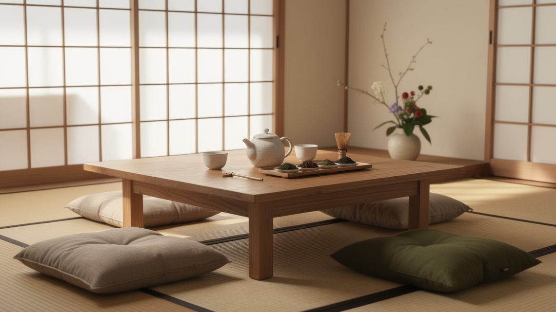 Créer un coin thé d’inspiration japonaise à la maison : table, coussins et accessoires.