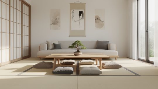 Aménager un salon japonais dans un intérieur occidental (canapé bas, tatamis, table)