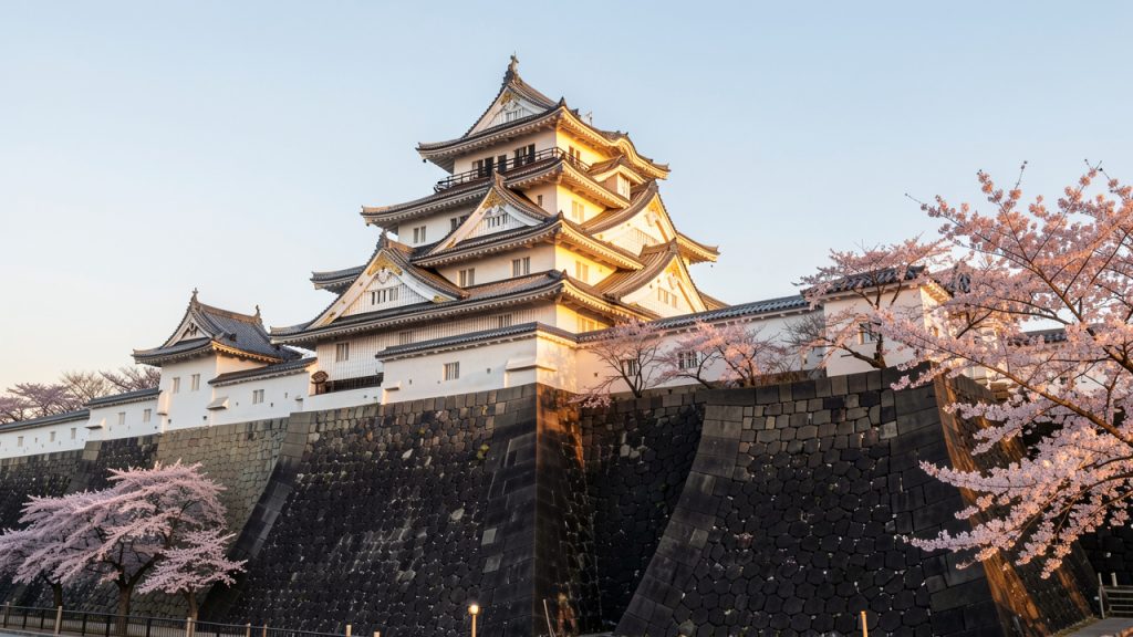 Vue immersive du château de Kumamoto à l’aube, avec ses imposants remparts de pierre noire, quelques cerisiers en fleurs et un ciel clair de Kyushu.