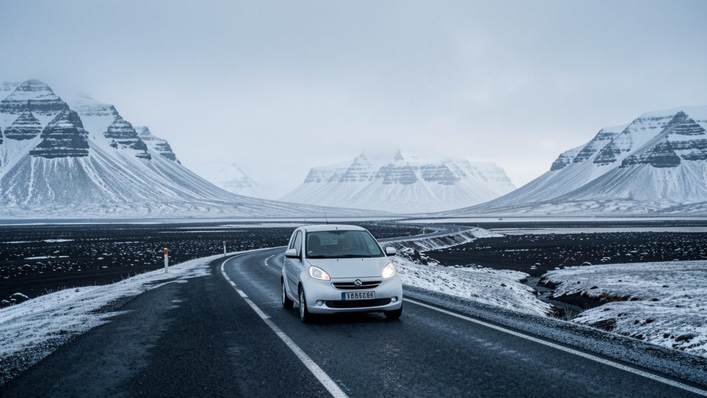Une voiture de location roule sur une route islandaise entourée de montagnes enneigées sous une douce lumière hivernale.