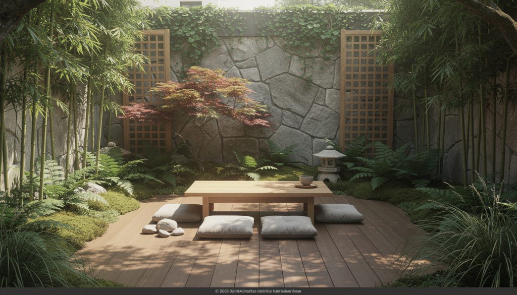 aménagez une terrasse japonaise dédiée à la méditation avec des assises basses, des plantes apaisantes et un espace intime propice au calme.
