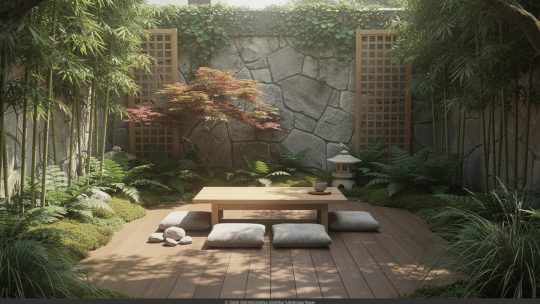Terrasse japonaise pour la méditation : assises basses, plantes, intimité