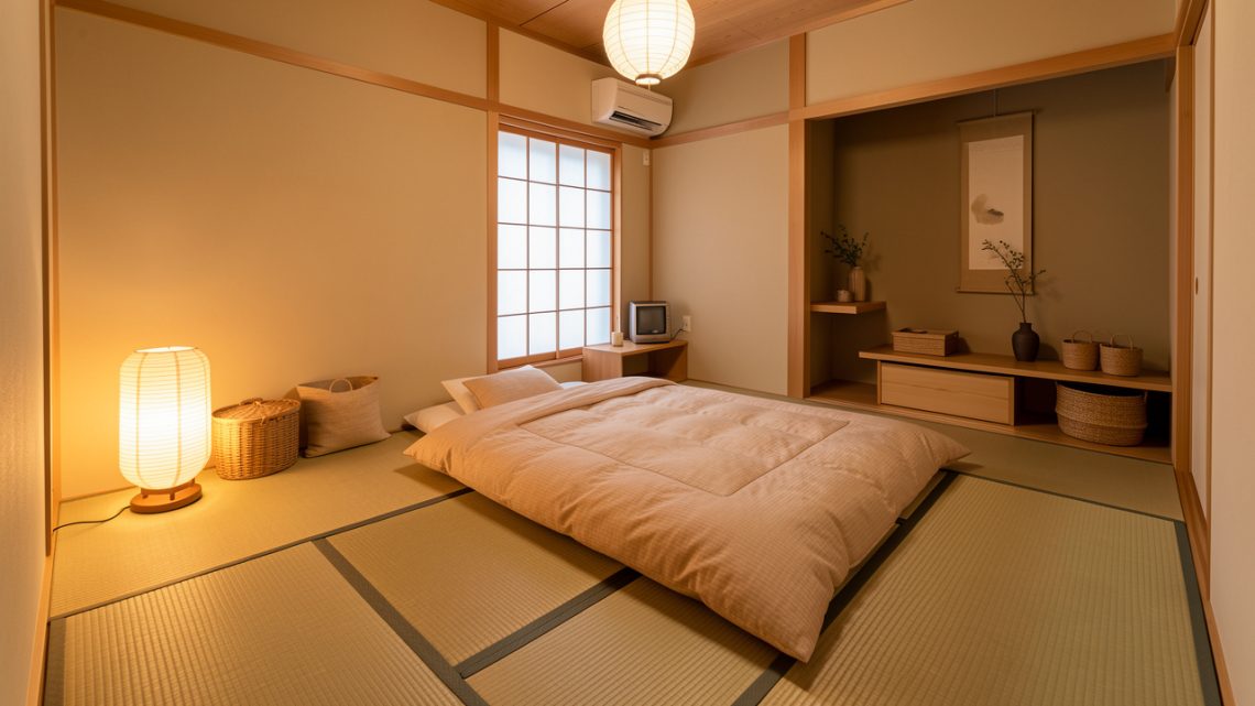 Chambre façon ryokan : literie, futon, éclairage et rangement minimaliste​