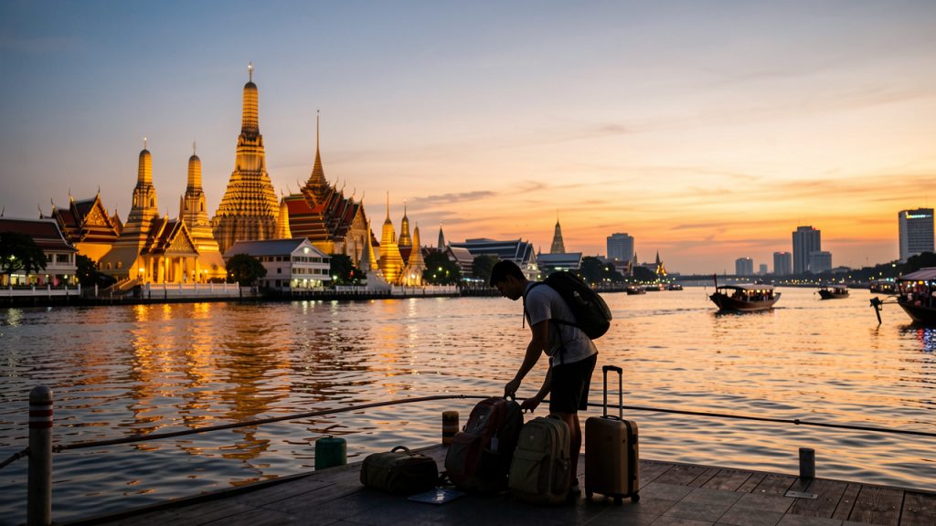 Vue panoramique de Bangkok au coucher du soleil, avec des temples dorés au bord du fleuve Chao Phraya et un homme et une femme voyageurs préparant leurs bagages près d’un embarcadère.