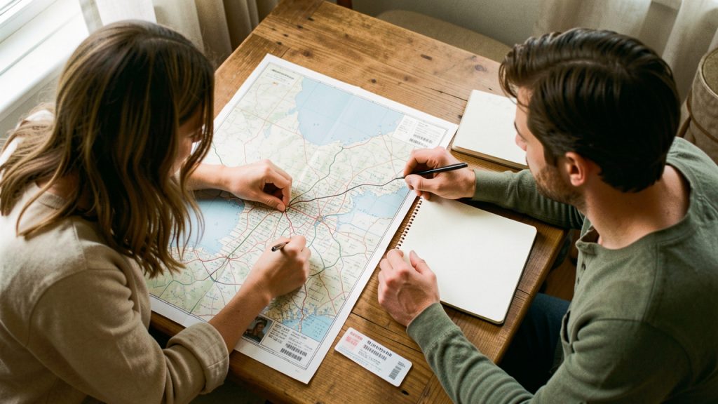 Deux voyageurs français préparent ensemble un itinéraire personnalisé au Japon sur une table en bois, avec une carte non annotée de Tokyo et Kyoto, un carnet vierge et des billets de train, baignés d’une lumière douce.